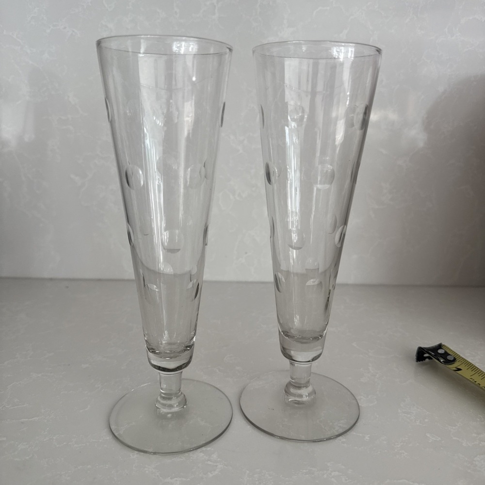 Set of 2- Vintage Anchor Hocking 1950's Polka Dot Etched‎ Fluted Pilsner Glasses